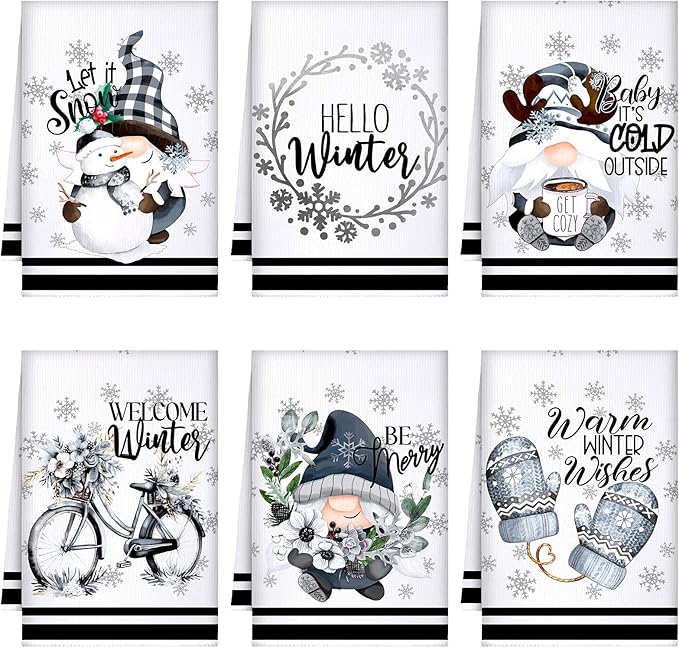 Preboun 6 Pcs Hello Winter Kitchen Towels Snowman Gnome Dish Snowflake Tea Christmas Hand Drying Towels Baking Cooking Cloth for Kitchen Bathroom Decor