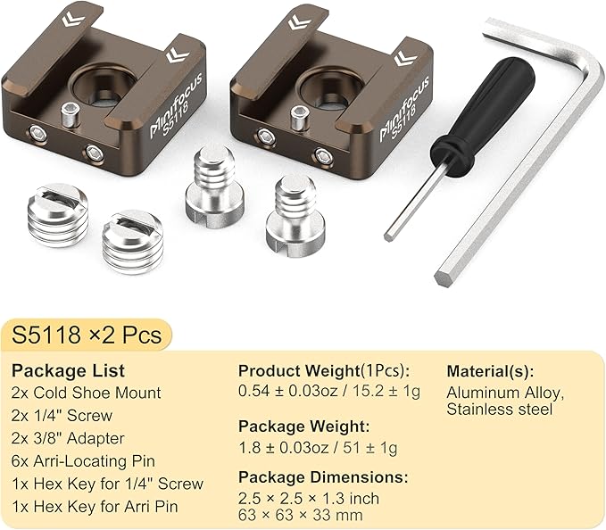 MINIFOCUS Cold Shoe Mount(2 Pack), 1/4"-20 Screw with Locating Pins Compatible for ARRI Standard Mounting Points, with 3/8"-16 Adapter for Camera Cage Flash LED Monitor Microphone