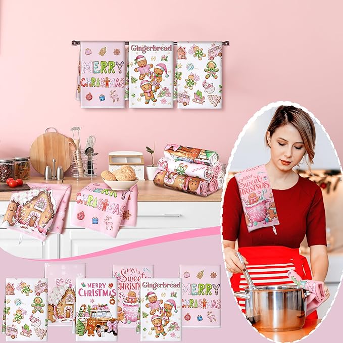 Preboun 6 Pcs Merry Christmas Kitchen Towels Gingerbread Decorative Hand Towels Sweet Cute Pink Dish Cloth Farmhouse Xmas Tea Cloth Kitchen Accessories Bathroom Decor