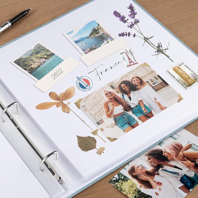 1DOT2 12x12 Inch Large 3 Ring DIY Scrapbook Photo Album Journal with 30 Plastic Sleeves 60 Pages and Fabric Cover for Baby Travel Wedding Anniversary kids Adventure (Cyan Blue Cover/White Pages)