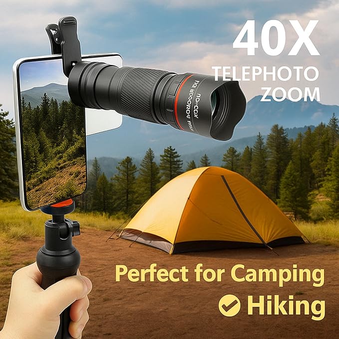 40X Telephoto Lens with Tripod for iPhone Android Phones, 2-in-1 Mobile Phone Camera Lens Kit with Universal Clip, HD Magnifier for Smartphone Photography - Compatible with All Smartphones