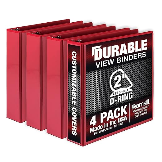 Samsill Durable 2 inch 3 Ring Binder, Made in USA, D Ring Binder, FSC 100% Recycled Chipboard, Red, 4 Pack