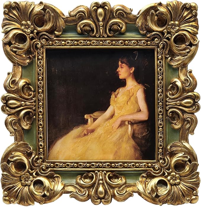 CISOO 4x4 Vintage Small Picture Frame, Antique Ornate Green and Gold Square Photo Frame, for Table Top and Wall Display, Decorative Floral Design Retro Home Decor, Photo Gallery Art