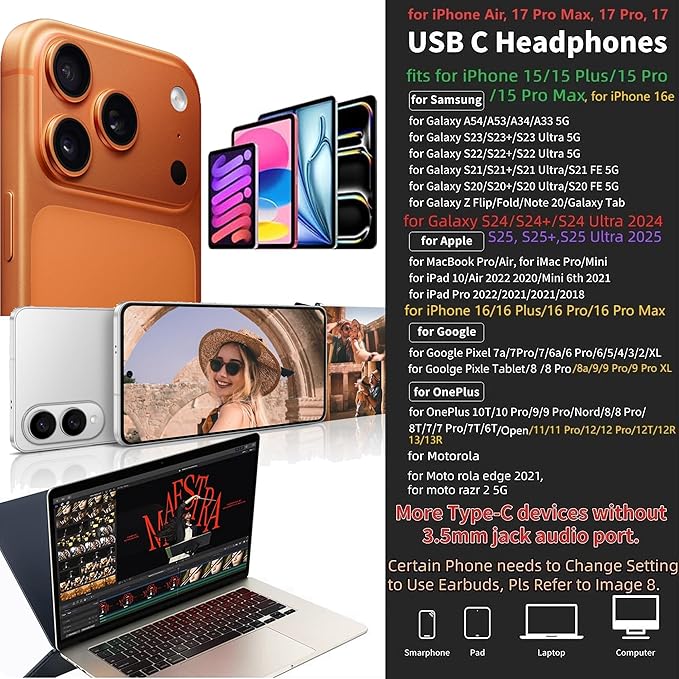 USB C Headphone for Samsung Wired Earbuds Magnetic in-Ear Type C Earphone with Microphone Volume Control Deep Bass Stereo Noise Canceling for iPhone 17 Pro Max Air 16 16e 15 Pixel 10 9a (Black)