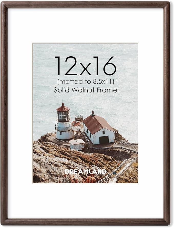 Dreamland 12x16 Picture Frame Matted to 8.5x11 Solid Walnut Wood Wedding Picture Frames Handcrafted Rounded Corner with HD Tempered Glass Tabletop or Wall Mount Display, 1 Pack