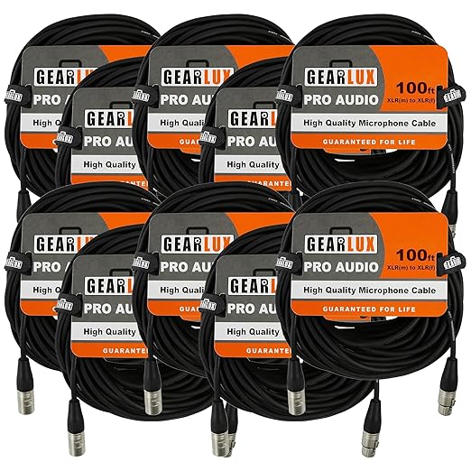 Gearlux XLR Microphone Cable, Fully Balanced, Male to Female, 100 Feet - 10 Pack