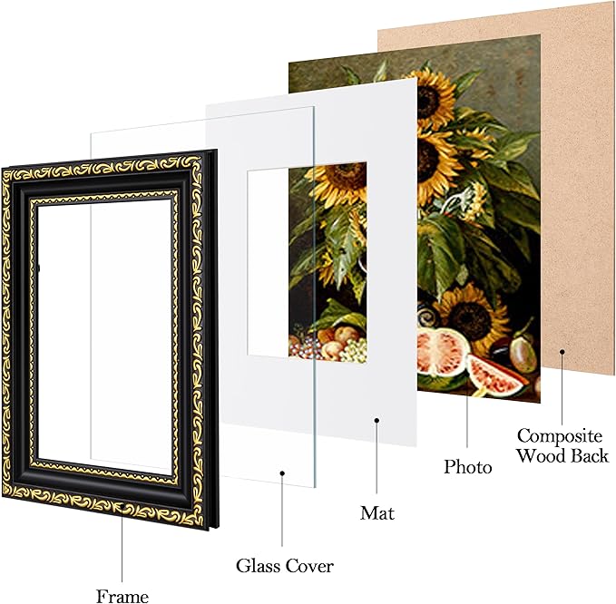 eletecpro 4x6 Picture Frames Set of 4, Gothic Frame with Glass Cover, Ornate Vintage Photo Frames 4 by 6 Display 3.5x5 Photo with Mat or 4x6 without Mat for Tabletop or Wall Decor, Black Gold