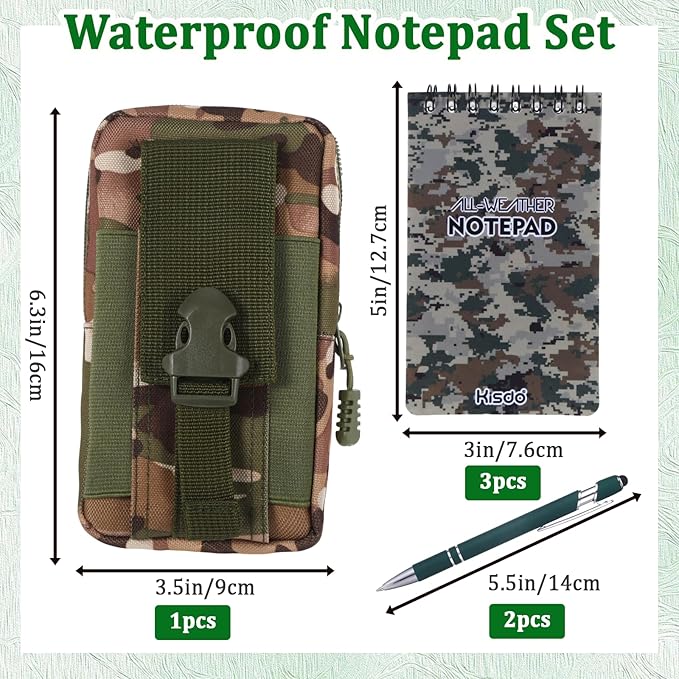 6 Pcs Waterproof Notebook Set, Write in The Rain Notebook, All Weather Notebook, Police Notepad, Field Notes Notebooks, 3 × 5" Pocket Notebook with Pen and Cover for Outdoor Activities Recording (Camouflage green)