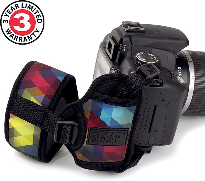 USA Gear Professional Grip Camera Wrist Hand Strap with Geometric Neoprene Design and Metal Plate - Compatible with Canon, Fujifilm, Nikon, Sony and more DSLR, Mirrorless, Point & Shoot Cameras