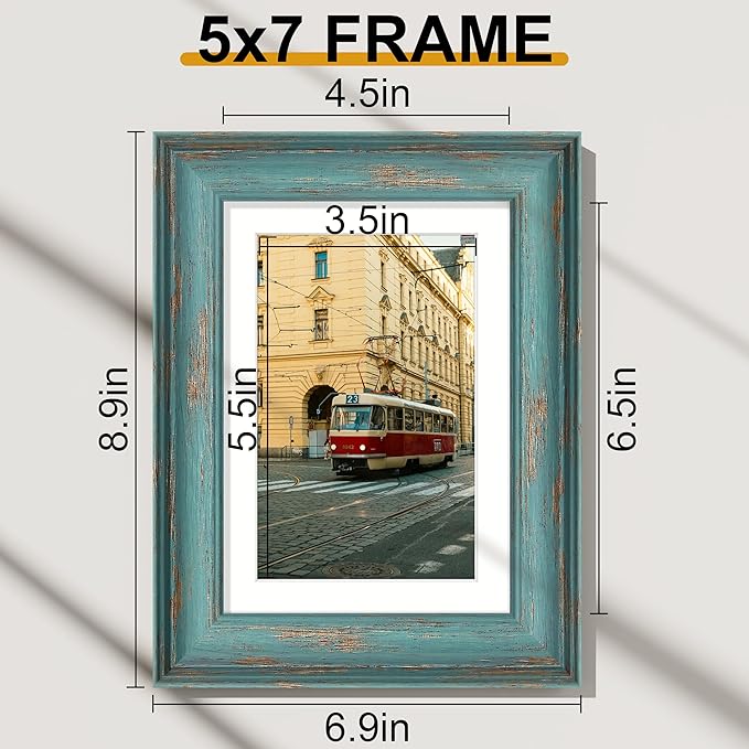 Vittanly 5x7 Picture Frames Set of 2, Ornate Vintage Photo Frame for Wall or Tabletop, Display 4x6 Pictures with Mat or 5x7 without Mat, Rustic Blue