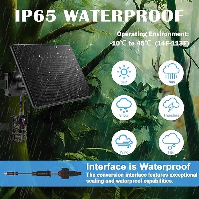 Trail Camera Solar Panel,6W Solar Battery Charger Kit 6V/2A 9V/2A 12V/2A with 8000mAh Battery for Hunting Camera,IP65 Waterproof Hunting Accessory,1.7/2.1/1.35mm DC &USB-C Connectors for Trail Cam