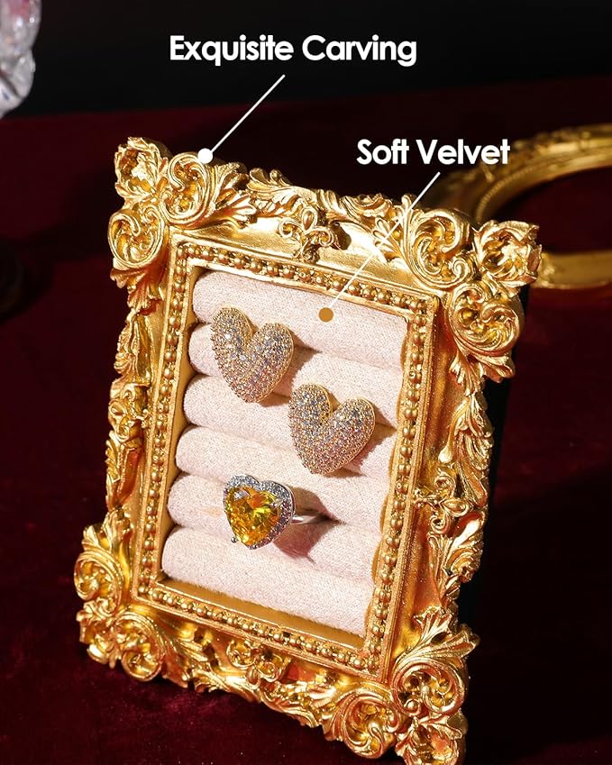 COOLYOUTH Vintage Ring Holder Ring Display Stand Frame Jewelry Organizer Velvet Tray for Jewelry (Medium-Beige)