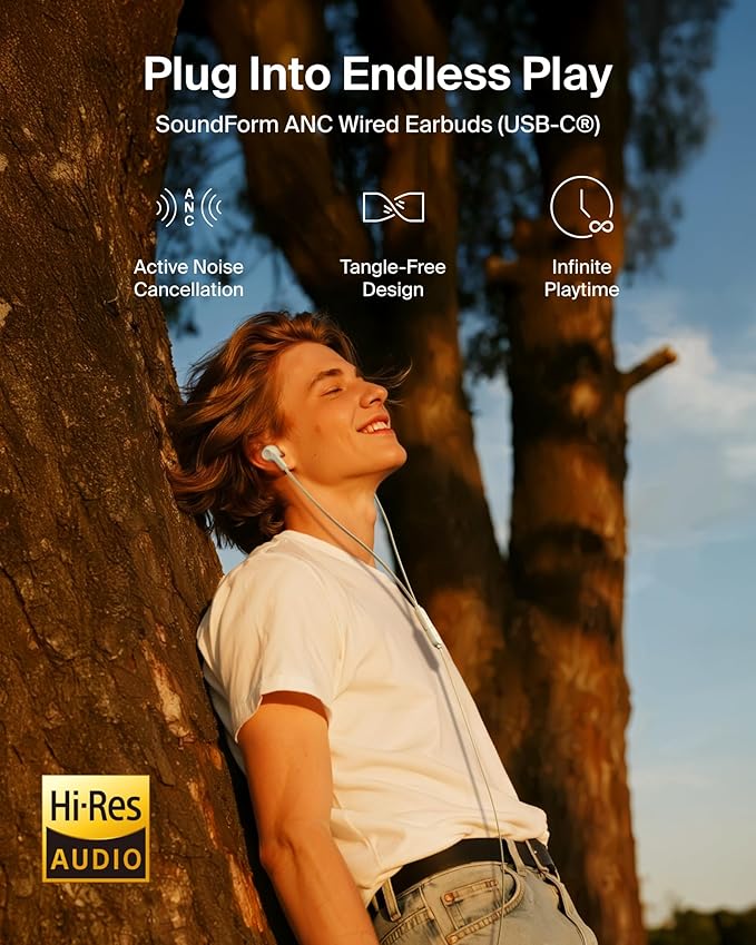 Belkin SoundForm Active Noise Cancelling Earbuds Wired with USB C Connector, IPX5-Rated, in-Ear Earphones w/Microphone for iPhone 17/16/15, iPad mini, Galaxy S25, Google Pixel 10, & More - White