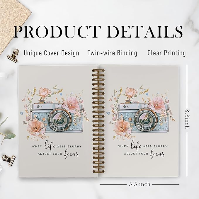Photography Spiral Notebook, Inspirational Photographer Gifts Journal Notebook, Camera Floral Notebooks for School Work, Motivational Office Supplies Gifts for Women Photographer, 5.5x8.3 Inch