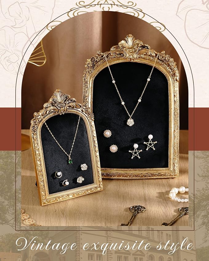 2 Pcs Gold Jewelry Display Stand Vintage Necklace Organizer Ring Holder Earring Tray Resin Jewelry Photography Props Frame with Velvet Backing for Gifts(Black,Large,Small,Elegant)