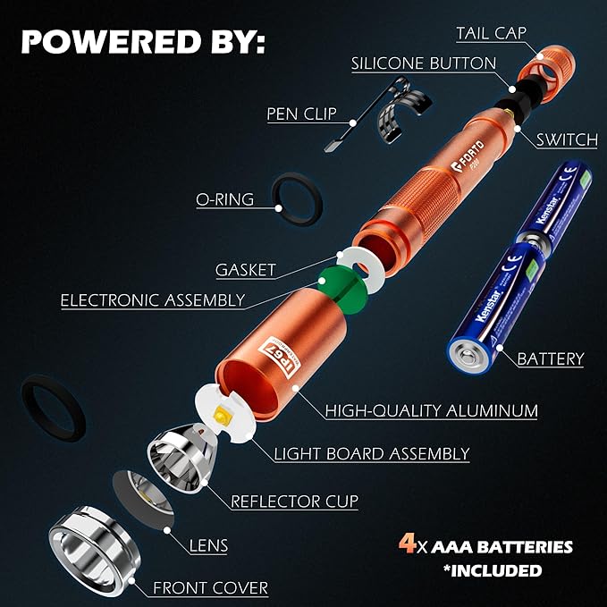 FORTO LED Pen Light, 200 Lumens Pocket Flashlight, IP67 Waterproof, 2 Modes, 2 Pack with AAA Batteries, Lightweight & Durable for Inspection, Medical Use, Emergency(Orange)