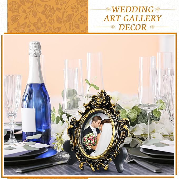 Tatuo 20 Sets Mini Picture Frames and Display Stands Vintage Resin Picture Frame Resin Holder for Home Office Bedroom Living Room Wedding Decor (Black and Gold)