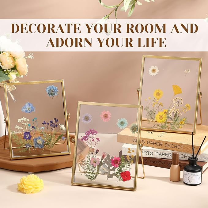 Hoteam 12 Pack 7 x 9 Inch Gold Floating Frame for Photo 5 x 7 Inch, Glass Floating Picture Frame Collection Vintage Metal Minimal Ornate Easel for Wedding Gift Pictures Photos Desk Tabletop Display