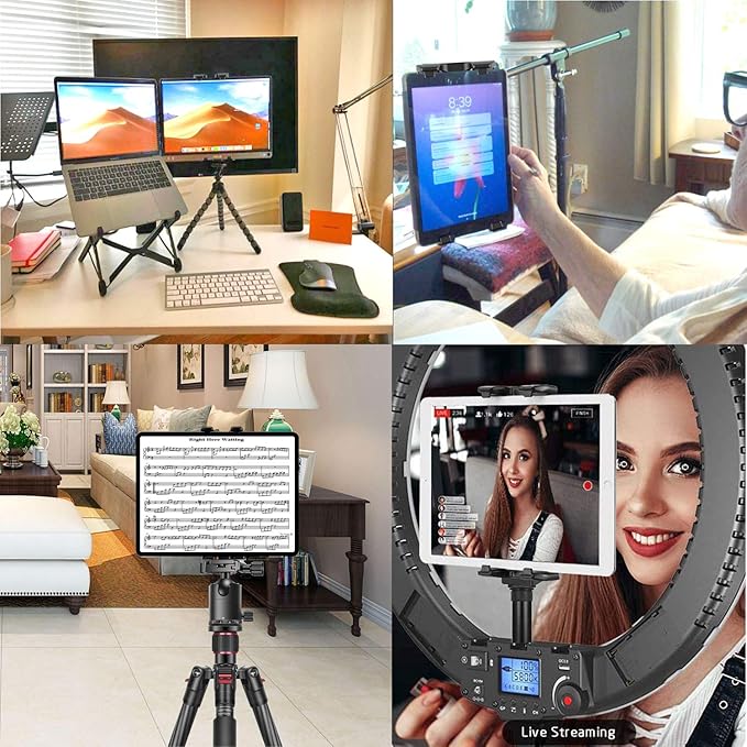 IPad Tripod Mount Adapter 360 Degree Rotatable Universal Tablet Clamp Holder for iPad Pro 12.9 11 10.5, iPad Air Mini, Surface Tab, Galaxy Tab and 3.5 to 13.5in Phone Tablet, for Tripod, Monopod
