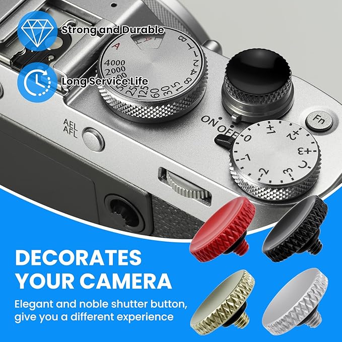 SDTC Tech 4 Pcs Fuji Shutter Release Button Accessories, Copper Camera Soft Shutter Button Fits for Fuji X-T3 X100 X100S X-T10 X-T20 X-T30 Xpro1, 4 Color (Red/Black/Silver/Golden)