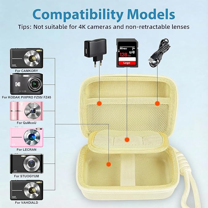 Digital Camera Case for CAMKORY/KODAK PIXPRO FZ45/FZ55/Canon IXUS 285 HS/AbergBest/Sony DSCW800/DSCW830 - Small Travel Compact Camera Holder with Mesh Pocket for SD Card & Accessories (Pale Yellow)