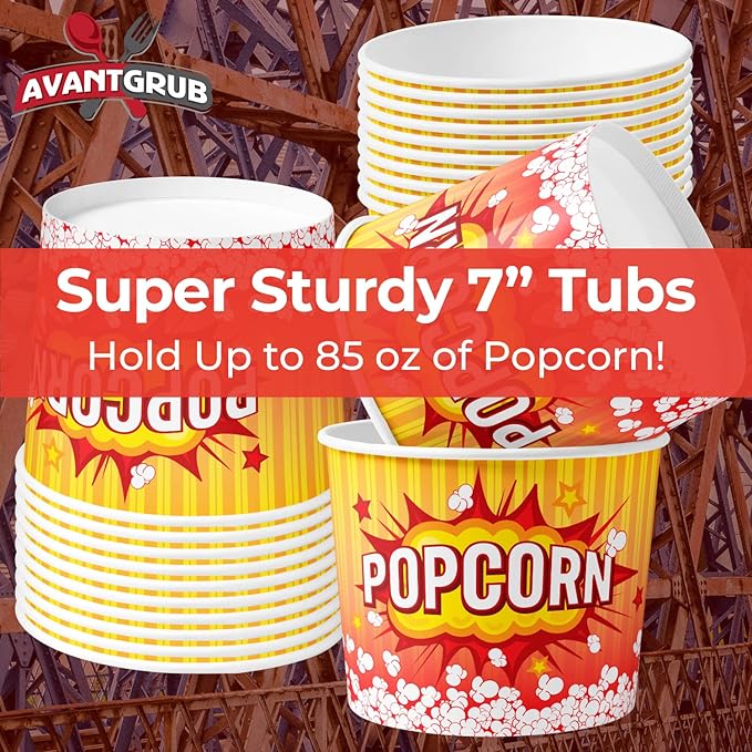 Greaseproof Retro 85oz Popcorn Buckets 25 Pk. Durable Pop Corn Tubs in Red Yellow. Large Disposable Containers Perfect For Movie Night, Theme Party, Theater, Carnivals & Fundraisers.