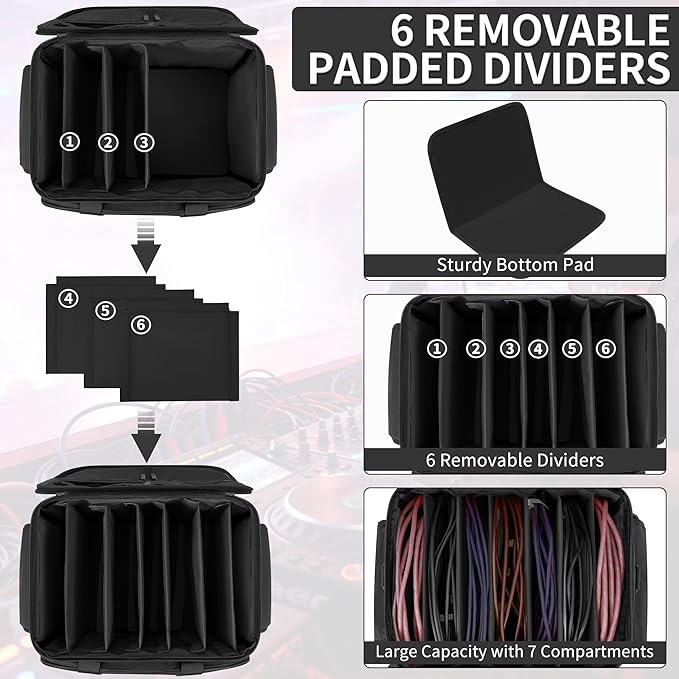 Cable File Bag With Adjustable Dividers Dj Gig Bag for Cables, Cords,DJ Gear,Sound Instrument and Accessories 16L x 11W x 12H inch Black