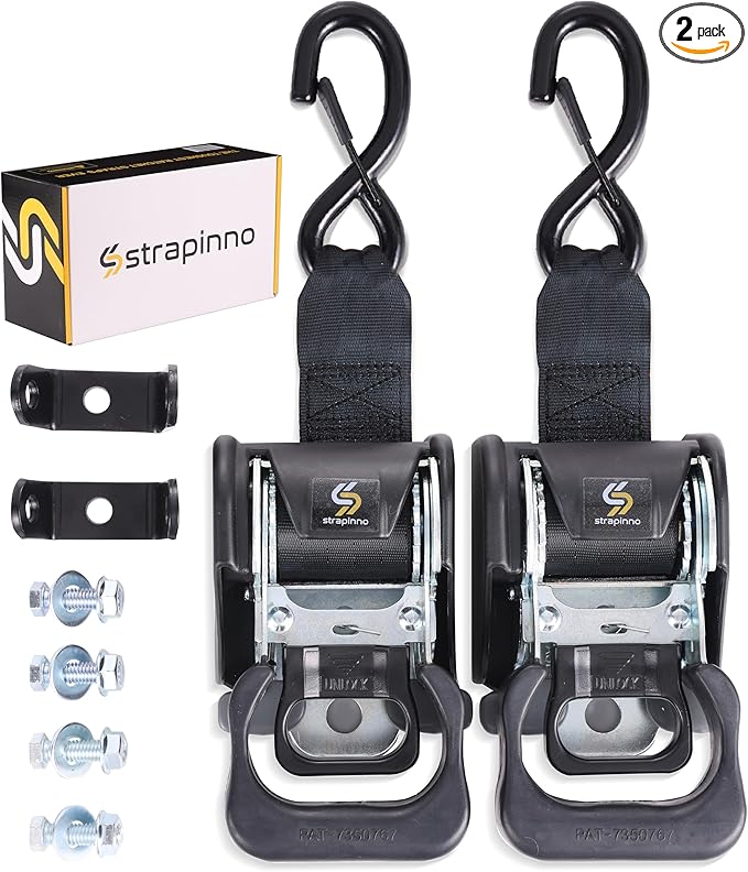 Strapinno 2PCS Retractable Ratchet Straps (1 7/8 in x 4 ft) Heavy Duty Transom Tie Downs for Boat, PWC Trailer - Extra Mounting Brackets & Bolt Set,Safety Latch S-Hook,Break Strength 2,600LBS/1,180KG