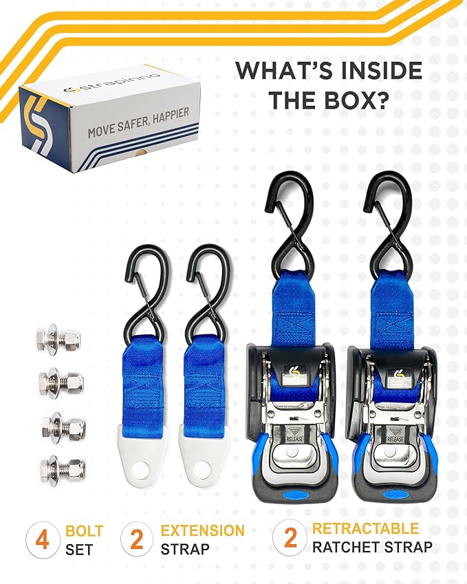Strapinno 2PCS Stainless Steel Retractable Ratchet Straps (1 7/8 in x 4 ft) Heavy Duty Transom Tie Downs with Extension Straps, Bolt Set & Safety Latch S-Hooks,for Boat,Break Strength 1,650 LBS/750KG