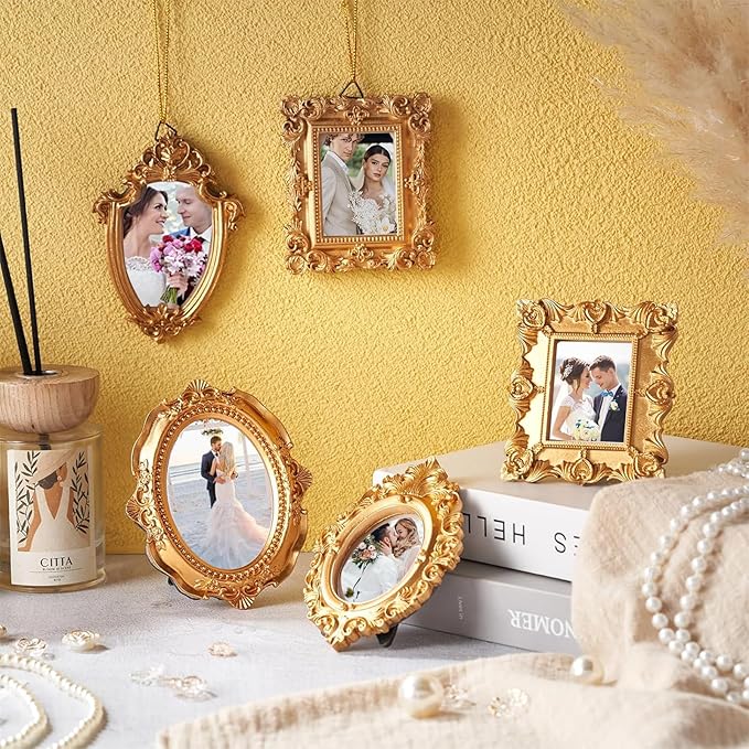 5-Piece Set Vintage Mini Photo Frames,Baroque Rose Gold European Palace Style , Retro Carving, Stand or Hang, Desktop Display, Wall Decor,Fits Gallery Walls / Wedding Photo Walls / Home Decor Retro Style Photo Frames