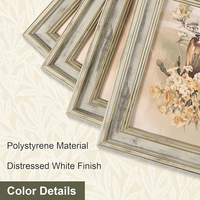 Vittanly 8x10 Picture Frame Set of 4, Vintage Photo Frame for Wall or Tabletop, Display 5x7 Pictures with Mat or 8x10 without Mat, Rustic Farmhouse Home Decor, Distressed White