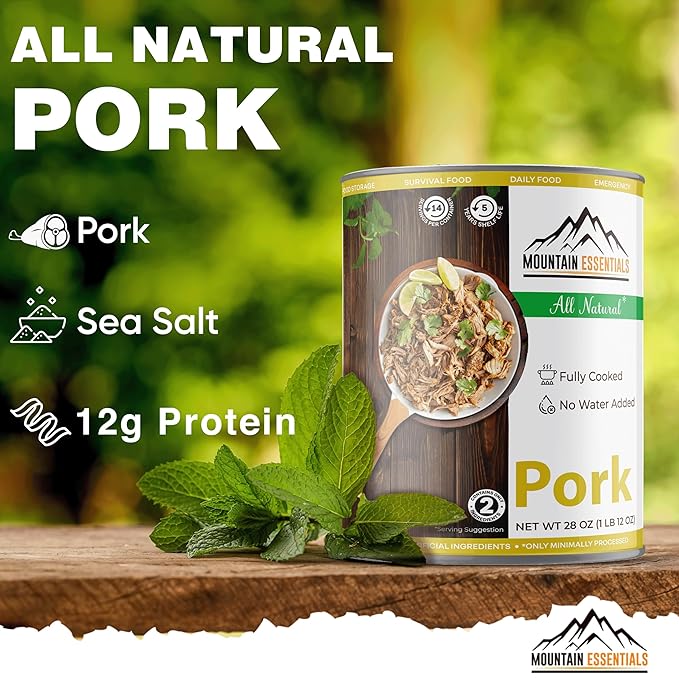 MOUNTAIN ESSENTIALS Canned Pork 28 Oz – Fully Cooked, Ready to Eat – Pantry Staple Canned Meat for Everyday Meals, Emergency Survival & Bulk Food Storage – 5-Year Shelf Life – Made in USA – 1 Pack