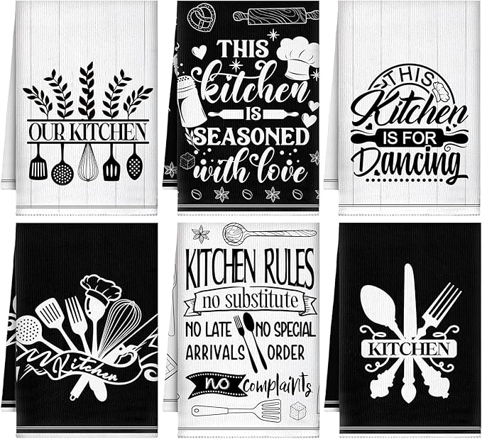 6 Pcs Kitchen Towels Decorative Set Chicken Rooster Dish Hand Towels Farmhouse Funny Quotes Chef Prints Tea Cloths for Home Bathroom Kitchen Decor Gifts(Black, White,Utensils)