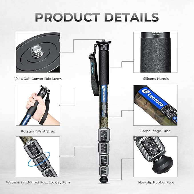 LEOFOTO Camera Monopod Carbon Fiber Portable Compact Lightweight Travel Monopod with Wrist Strap, Silicone Handle, Twist Locks, 5-Section up to 165cm, Max Load 15kg，Camo(MPQ-325C)