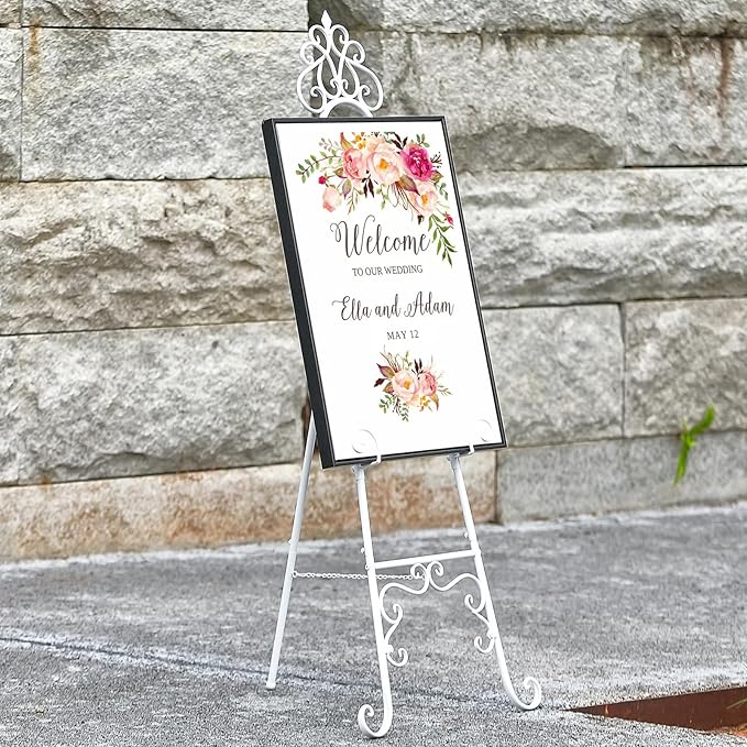 59" H Metal White Easel Stand for Sign, Large Adjustable Free Standing Scroll Display Easel for Wedding Sign Mirror Picture Poster Holder Showcasing