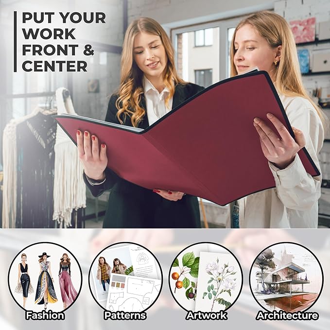 Dunwell 12x18 Art Portfolio Binder with Black Mounting Paper (Ruby), Large Portfolio Folder for Artwork Storage, 24 Sleeves Display 48 Pages, Acid-Free Poly 12 x 18 Presentation Book
