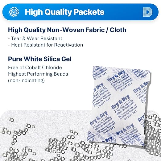 Dry & Dry 50 Gram [50 Packets] Silica Gel Packets Desiccants, Silica Packets - Rechargeable Silica Gel Packs, Desiccants Packets, Silica Gel