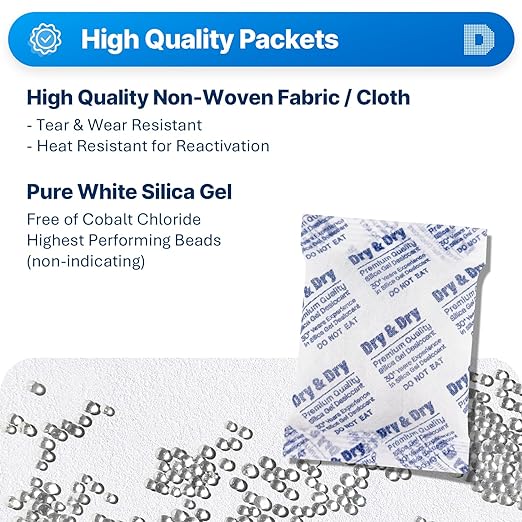 Dry & Dry 50 Gram [10 Packets] Silica Gel Packets Desiccants, Silica Packets - Rechargeable Silica Gel Packs, Desiccants Packets, Silica Gel