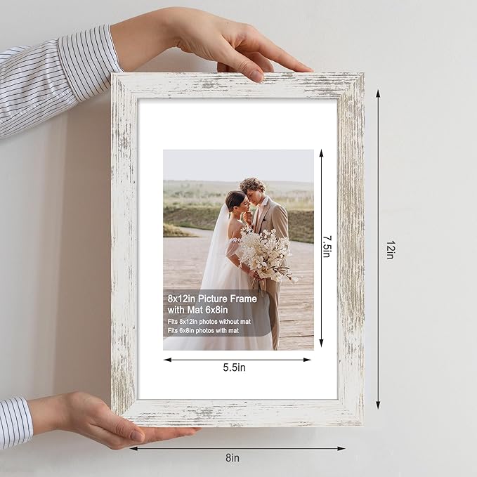 8x12 Picture Frame Set of 4, Made of Glass and Distressed White Wooden Frame - Display 6x8 Picture with Mat or 8 x 12 Poster Without Mat, 8 by 12 Photo for Wall or Tabletop