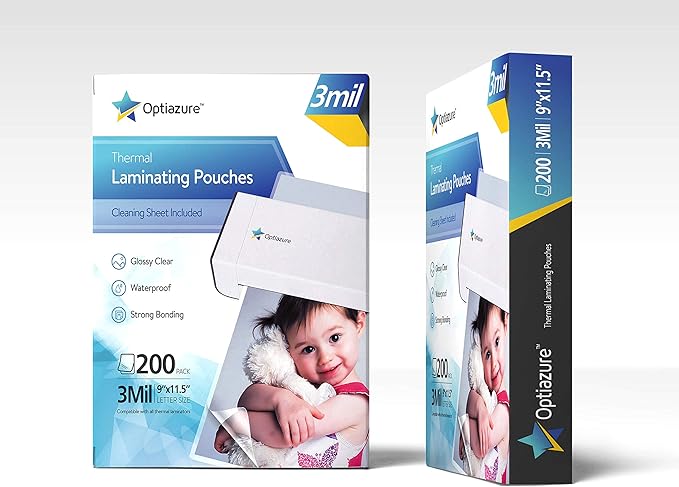 Optiazure Thermal Laminating Pouches 9"x11.5" Inches, 3mil 200Pack, Laminated Paper, Clear, Letter Size, Office and School Supplies