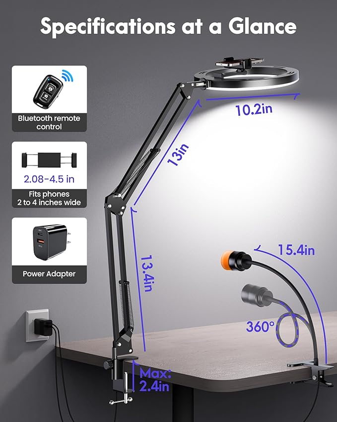 Ring Light with Stand Overhead Phone Mount for Desk & Zoomable Spotlight, 2-in-1 Lighting Kit with Ring Light Tripod for iPhone, 30+ Lighting Modes, Ideal for Video Recording,Cooking,Content Creation
