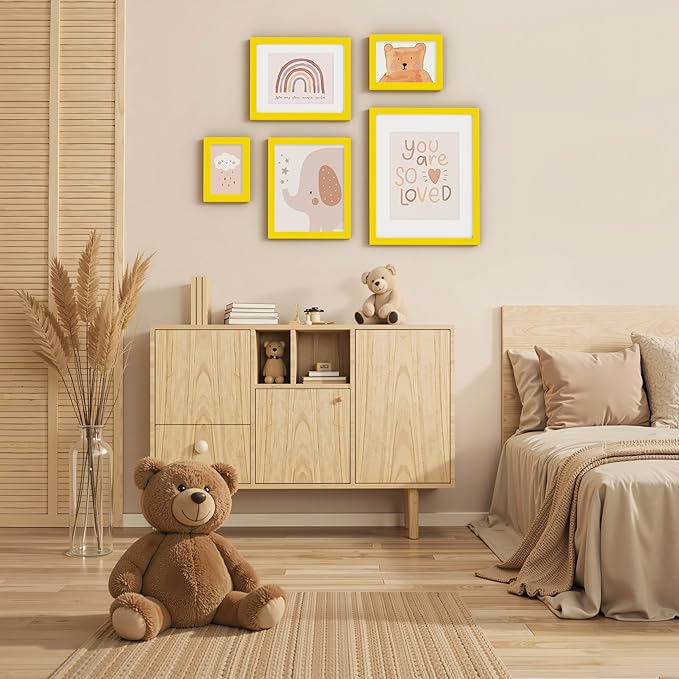 Vittanly 8x10 Picture Frame, Made of Solid Wood and Shatterproof Plexiglass, Display Pictures 5x7 with Mat or 8x10 without Mat, Wooden Photo Frame for Wall Mounting or Tabletop Display, Yellow, 1 Pack