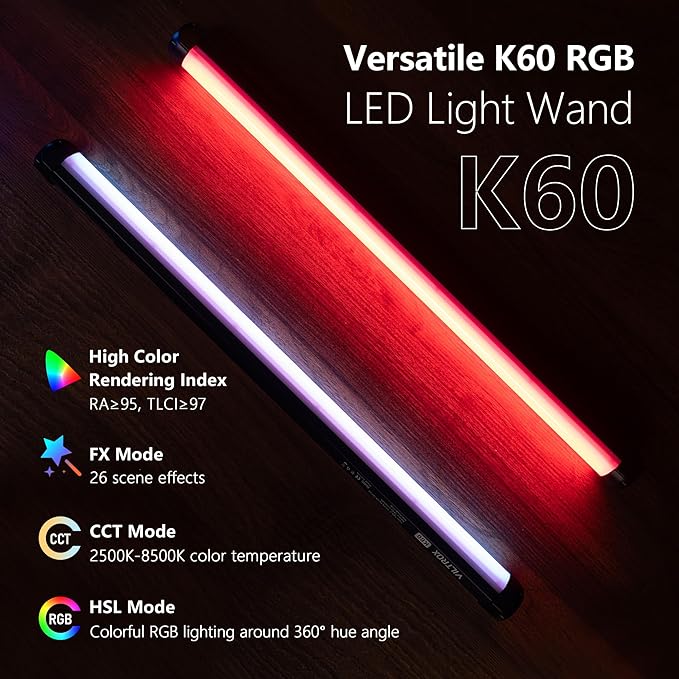 VILTROX K60 2 Pack RGB LED Video Light Stick with APP Control, Handheld 360° RGB Tube Light Wand for Photography, 2500K-8500K Dimmable, CRI97+,26 Light Scenes, LCD Display, 2200mAh Battery