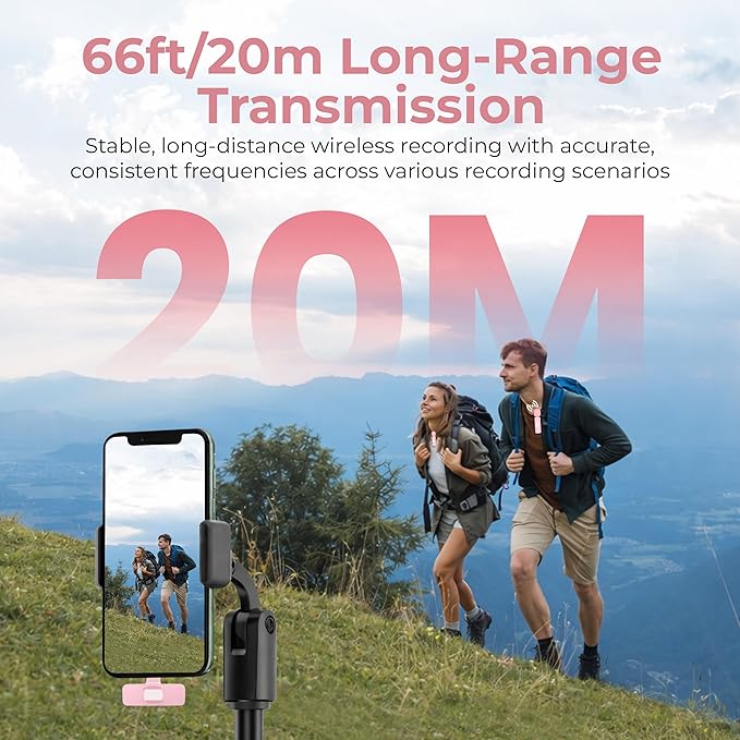 Wireless Lavalier Microphone 2-Pack – Compatible with iPhone, iPad, iOS, Android – Mini Mics with USB-C, Noise Reduction Lapel Mic for Video Recording, Vlogging, YouTube, TikTok (Pink)