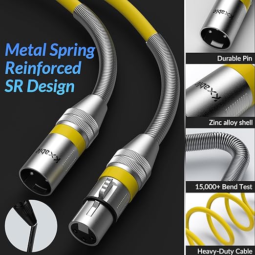 XLR Microphone Cable 20 FT, XLR Male to Female Balanced Mic Cable, 3-Pin Shielded Speaker Cord, Zinc Alloy Connectors, 22AWG Pure Copper, Metal Spring SR, Recording Studio, Podcast, Yellow