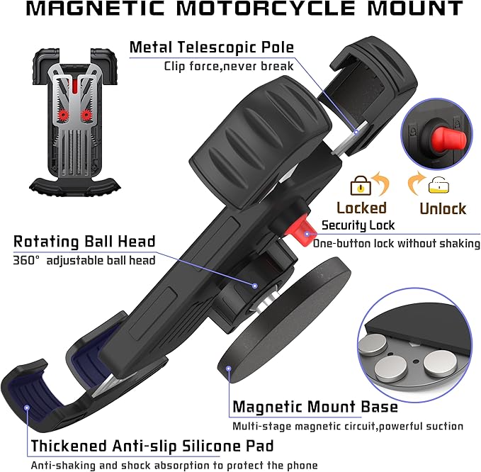 ULIBERMAGNET Motorcycle Magnetic Phone Mount,Heavy Duty Adjustable Magnetic Cell Phone Holder with Security Lock,Anti Shake 360° Rotation,Compatible with Motorcycles,ATV,UTV,Golf Cart,Car,Cruises