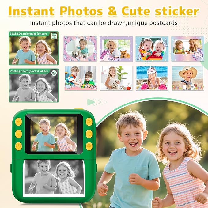 Instant Print Camera for Kids, Christmas Birthday Gifts for Girls Boys, 1080P Instant Digital Print Cameras for Toddler,Portable Toy for 4 5 6 7 8 9 10 Year Old Girl with 32GB SD Card，Green