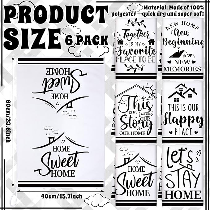 Preboun 6 Pcs New Home Beginning Kitchen Towels Black and White Hand Dish Towels Home Sweet New Memories This is Our Happy Place Bless Housewarming Gifts for Neighbor Friend