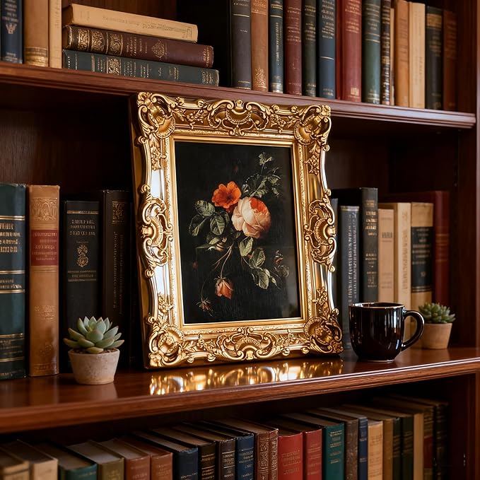 8X10 Vintage Picture Frame, Ornate Gold Baroque Antique Style with Glass Front, 8 X 10 Photo Frame for Tabletop Wall Hanging Display