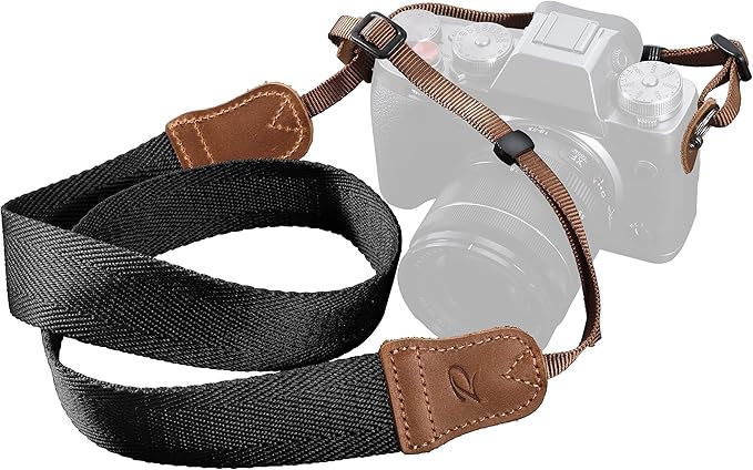 Padwa Lifestyle Black Camera Strap - Double Layer Crazy Horse Cowhide Head,1.5" Wide Pure Cotton Woven Camera Straps,Adjustable Neck Shoulder Strap for All DSLR Cameras,Great Gift for Photographers